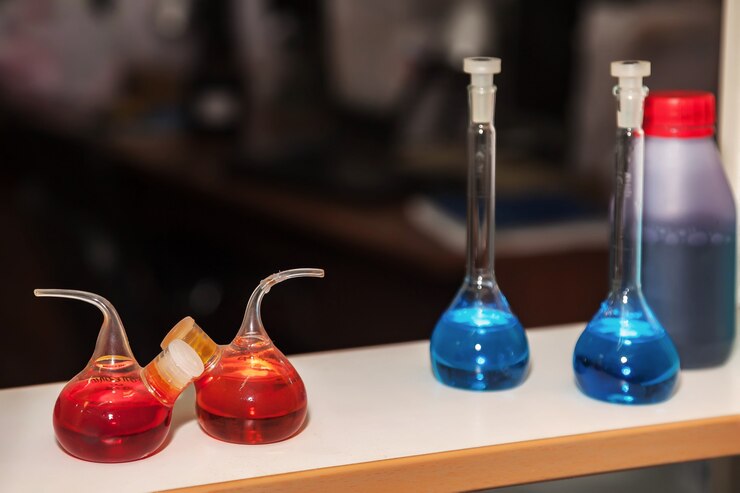 Foto grupo de frascos e tubos de ensaio em laboratório químico. reagentes e amostras de suspensões ácidas em mesa de laboratório para experimentos. vários frascos cônicos com amostras de cores diferentes no interior