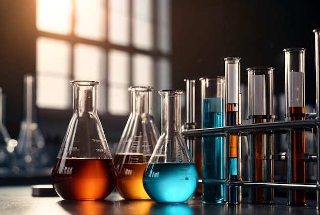 Grupo de frascos e tubos de ensaio em laboratório químico Reagentes e amostras Suspensões ácidas em trabalho