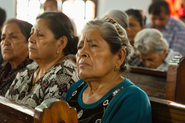 Grupo de frequentadores de igrejas mexicanos sentados em uma igreja geradora de IA