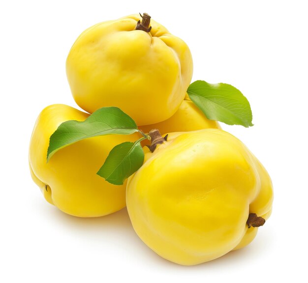 Grupo de frutos de quince amarelo brilhante com folhas verdes isoladas em branco