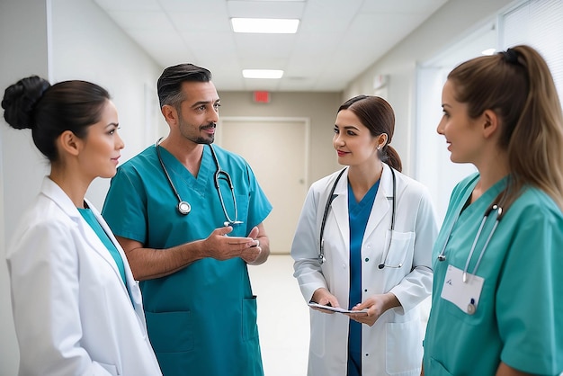 Grupo de funcionários médicos discutindo no corredor da clínica Profissionais da saúde discutindo no corridoio do hospital