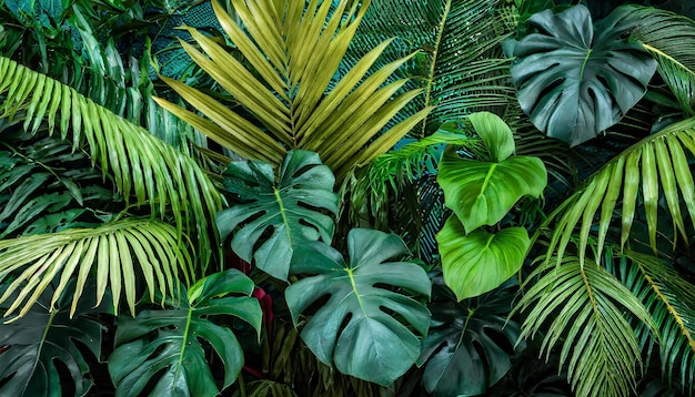 Grupo de fundo de folhas tropicais verdes escuras palmeira monstera folha de coco palmeira de samambaia