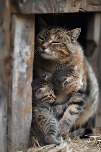 Foto grupo de gatinhos de pé junto à porta verde