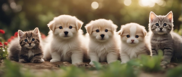 Grupo de gatinhos e cachorrinhos no fundo do jardim