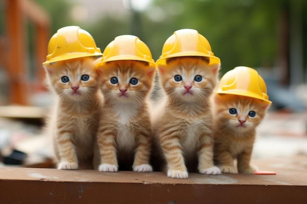 Grupo de gatinhos fofos em capacetes de segurança em um fundo de canteiro de obras Um grupo de gatinhos pequenos usando chapéus de construção AI Generated