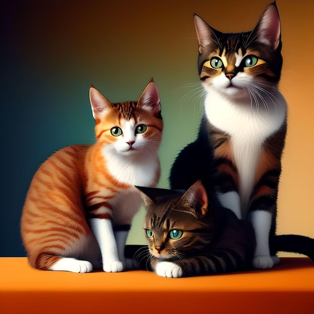 Grupo de gatos de raças diferentes Retrato Ilustração realista