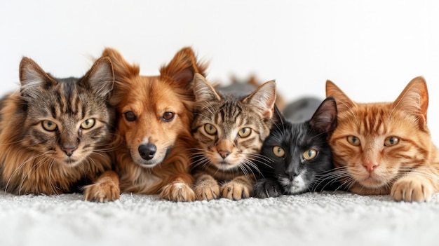 Grupo de gatos e cães deitados juntos