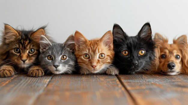 Grupo de gatos e cães descansando no chão de madeira