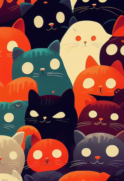 Grupo de gatos fofos para papel de parede e desenhos gráficos ilustração 2D