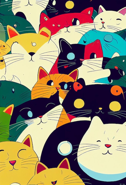 Grupo de gatos fofos para papel de parede e desenhos gráficos ilustração 2D