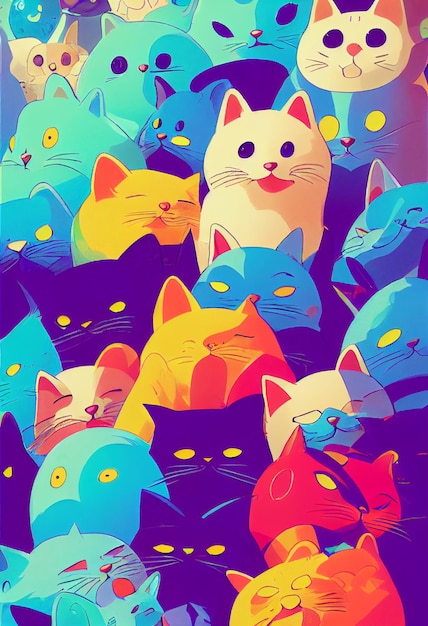 Grupo de gatos fofos para papel de parede e desenhos gráficos ilustração 2D