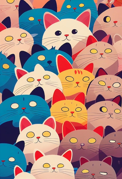 Grupo de gatos fofos para papel de parede e desenhos gráficos ilustração 2D