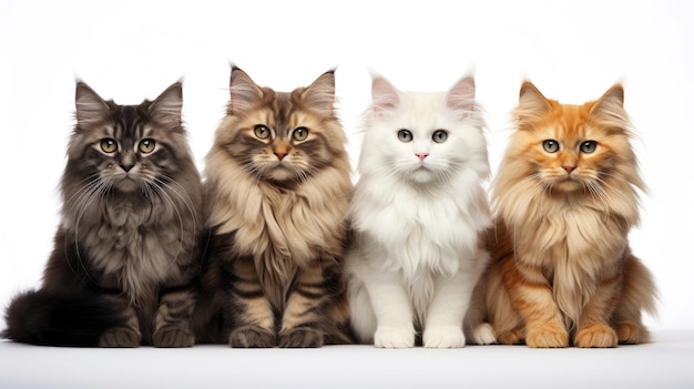 Grupo de gatos sentados de diferentes raças em um fundo branco