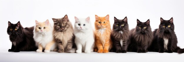 Grupo de gatos sentados de diferentes raças em um fundo branco