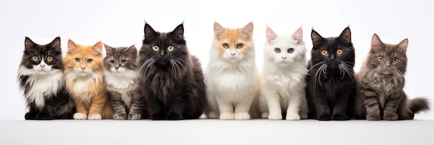 Grupo de gatos sentados de diferentes raças em um fundo branco