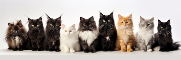 Grupo de gatos sentados de diferentes raças em um fundo branco