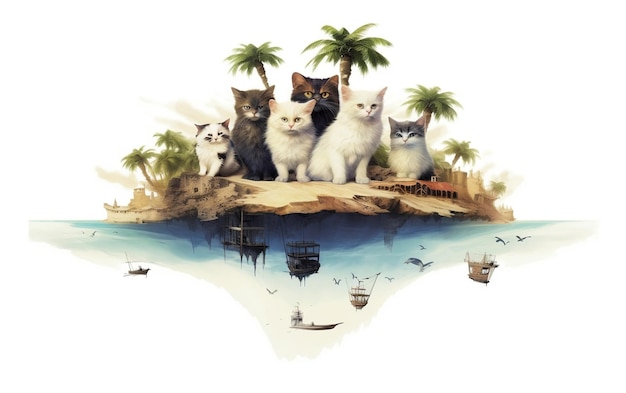 Grupo de gatos sentados em uma pequena ilha