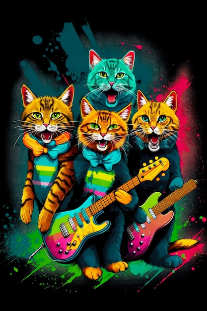 Grupo de gatos um ao lado do outro com guitarras na frente deles Generative AI