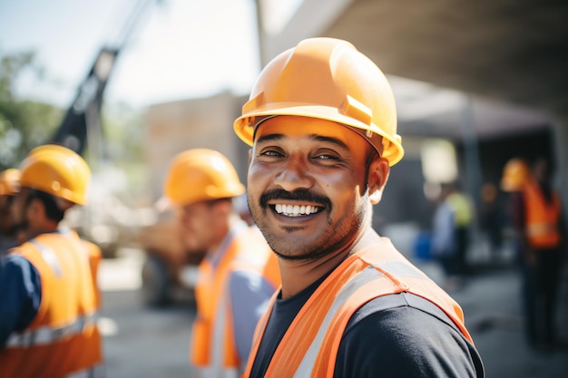 Grupo de gerentes de construção profissionais e trabalhadores alegres