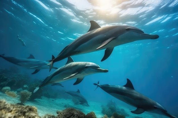 grupo de golfinhos em IA subaquática colorida