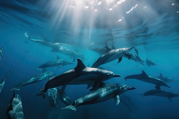 Grupo de golfinhos nadando juntos no oceano tropical criado com IA generativa