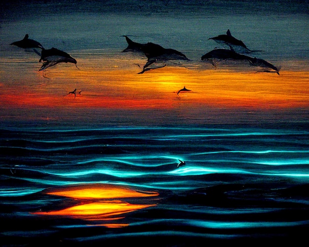 Grupo de golfinhos nadando no oceano ao pôr do sol generativo ai