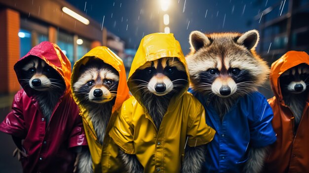 Foto grupo de guaxinins vestindo casacos e capuzes coloridos