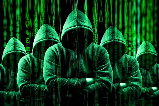 Grupo de hackers em moletons Grupo de hackers sombrios em moletons sentados em fila e digitando em teclados rapidamente na sala do servidor Conceito de phishing e roubo de malware