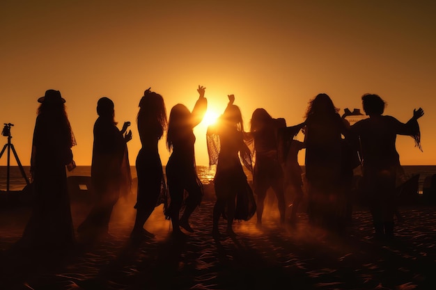 grupo de hippies dançando na praia ao pôr do sol