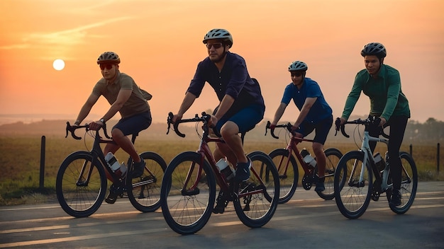 Grupo de homens a andar de bicicleta ao pôr do sol