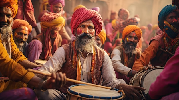 Grupo de homens de turbantes tocando tambores apresentação de música tradicional Holi