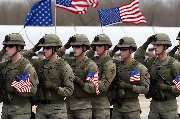 Grupo de homens do exército saudando a bandeira americana