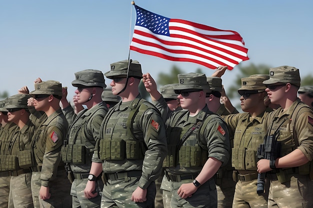 Grupo de homens do exército saudando a bandeira americana