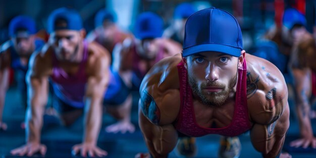 Foto grupo de homens em forma com bonés de beisebol fazendo flexões na sala de ginástica conceito fitness homens exercício de grupo exercício ginásio