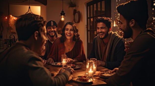 Grupo de homens sentados em torno de uma mesa rindo e se divertindo