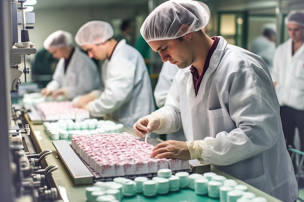 Grupo de homens trabalhando em uma correia transportadora em uma fábrica de fabricação de medicamentos