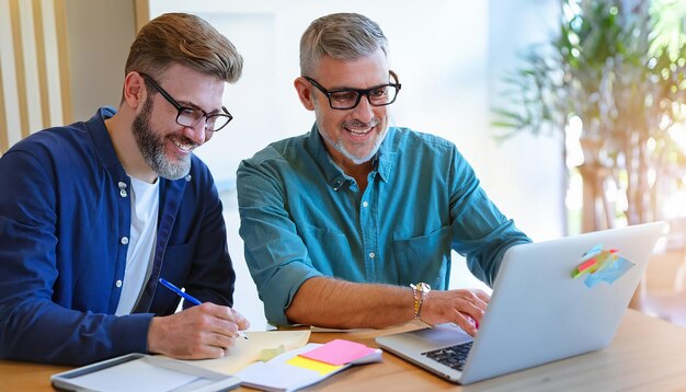 Grupo de homens trabalhando juntos em um laptop