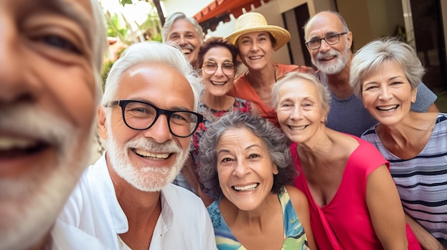 Foto grupo de idosos elegantes tirando selfie com smartphone feliz e sorridenteai gerado