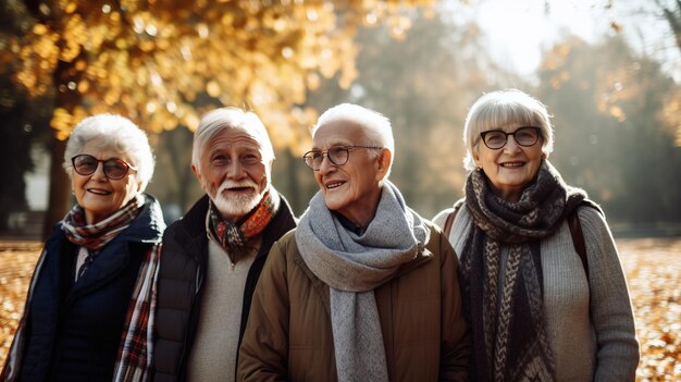Grupo de idosos felizes se unindo ao ar livre no parque