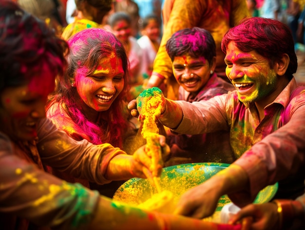 Grupo de índios jogando Holi com gulal colorido