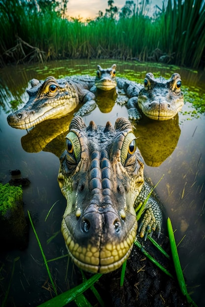 Grupo de jacarés flutuando no topo do lago ao lado da grama Generative AI