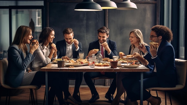 grupo de jovens a almoçar no escritório