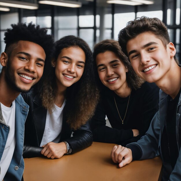 grupo de jovens adolescentes felizes na IA generativa do espaço de escritório de trabalho