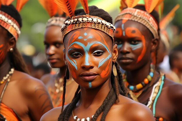 Grupo de jovens africanos felizes usando pintura facial mulheres e homens africanos jovens
