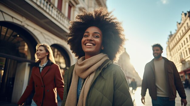 Grupo de jovens afro-americanos andando pela rua com um sorriso perfeito