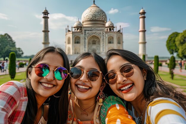 Grupo de jovens amigas indianas viajando em frente ao taj mahal agra índia no verão