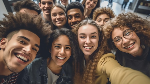 Grupo de jovens amigos diversos fazendo selfie