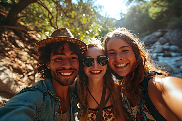 Grupo de jovens amigos multirraciais tirando selfie