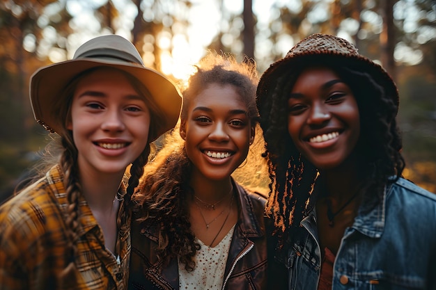 Grupo de jovens amigos multirraciais tirando selfie