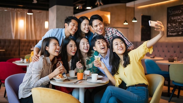Grupo de jovens asiáticos felizes divertindo-se muito e fazendo selfie com sua amiga enquanto si